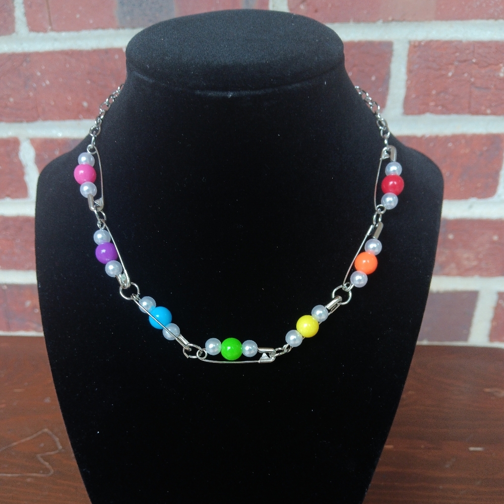 Handmade Rainbow Safety Pin Chain Necklace